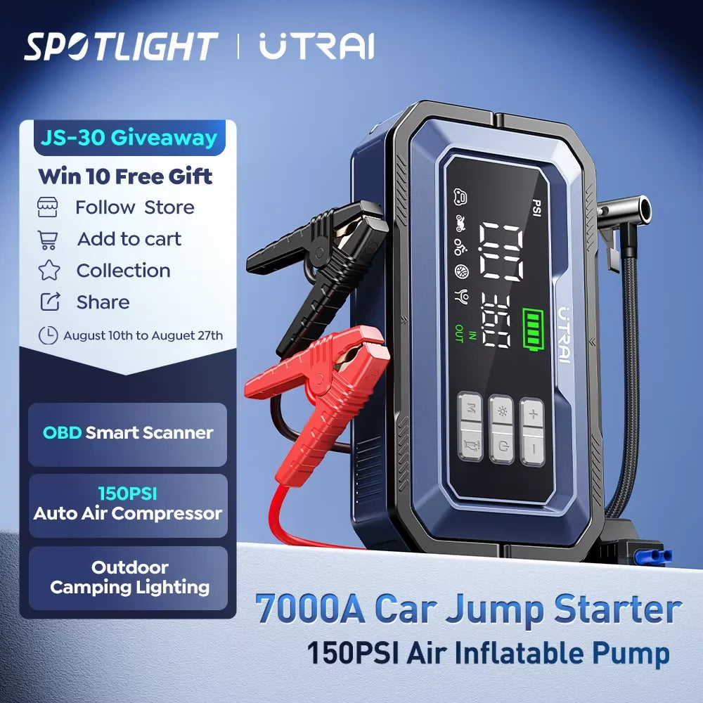 UTRAI All-in-One 7000A Car Jump Starter with Air Compressor &  OBD Diagnosis & Outdoor Camping Lights Emergency Boosters