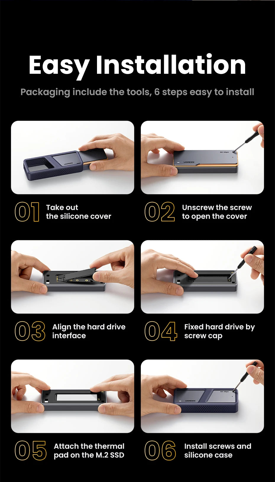 UGREEN 40Gbps NVMe SSD Case SSD Enclosure M.2 to USB4.0 Adapter for M.2 NVME PCIE Built-in Cooling Vest Aluminum Case