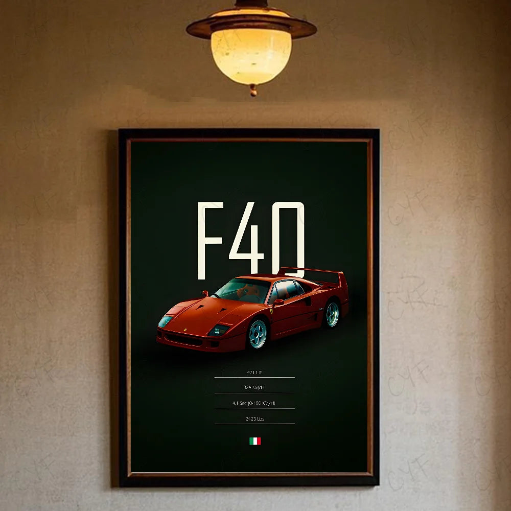 Luxury Classic Retro Red Super Sports Car F40 Art High-quality Printed Posters Homeliving room Wall Art Garage Room Decor