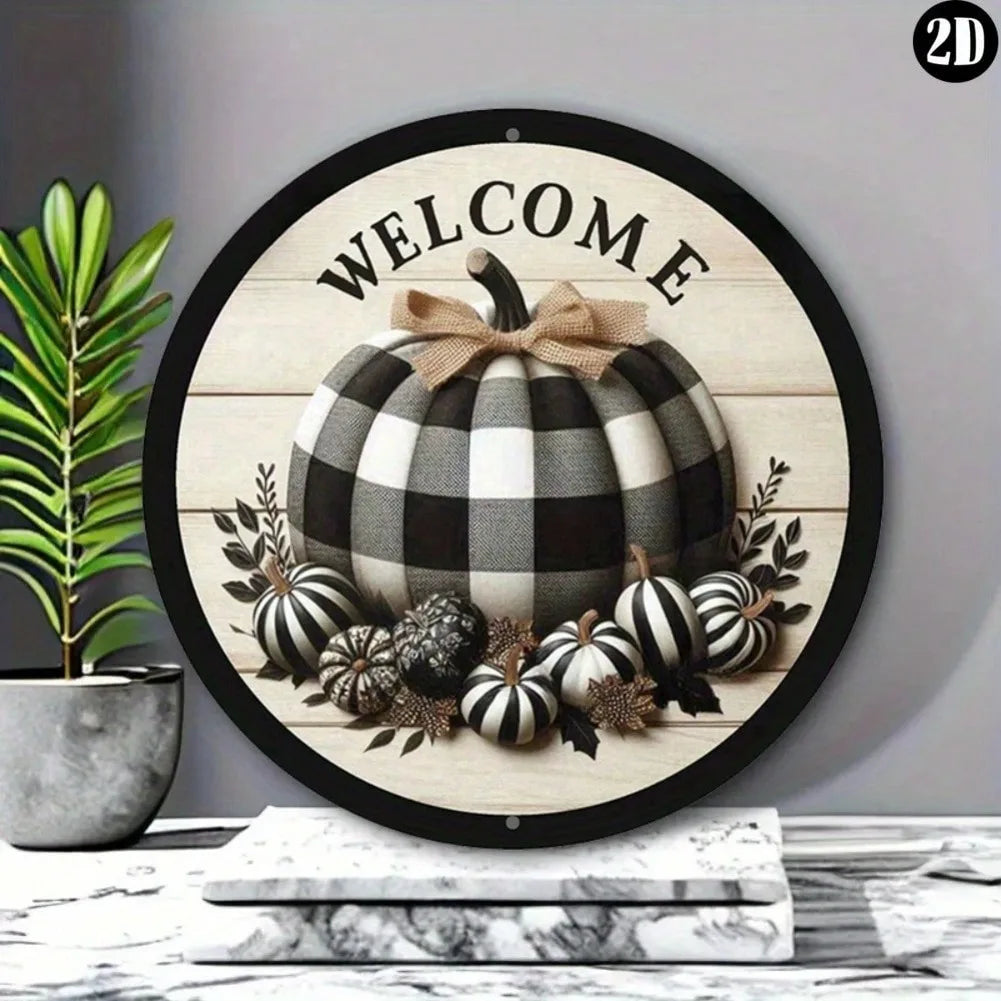 1pc 8-Inch Round Metal Welcome Sign - B&W Buffalo Plaid Pumpkin Design, Vintage Wall-Mounted Decor for Halloween Christmas Fall