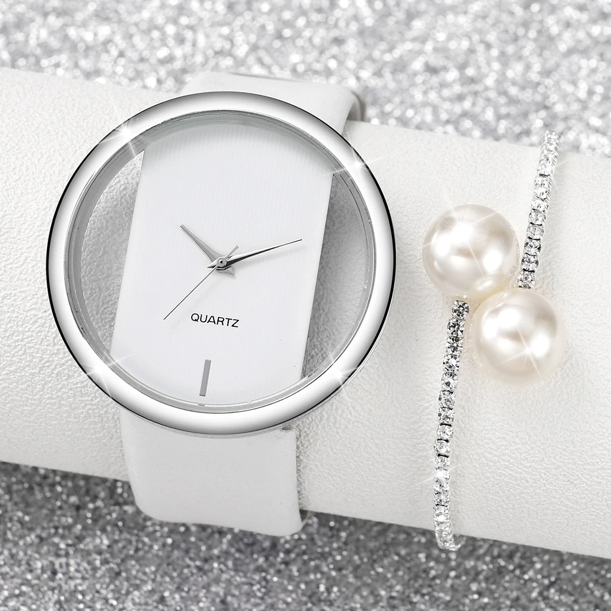 2PCS/Set Women's Watch Pearl Diamond Bracelet Set Fashion Hollow Dial Leather Band Quartz Watches(Without Box)