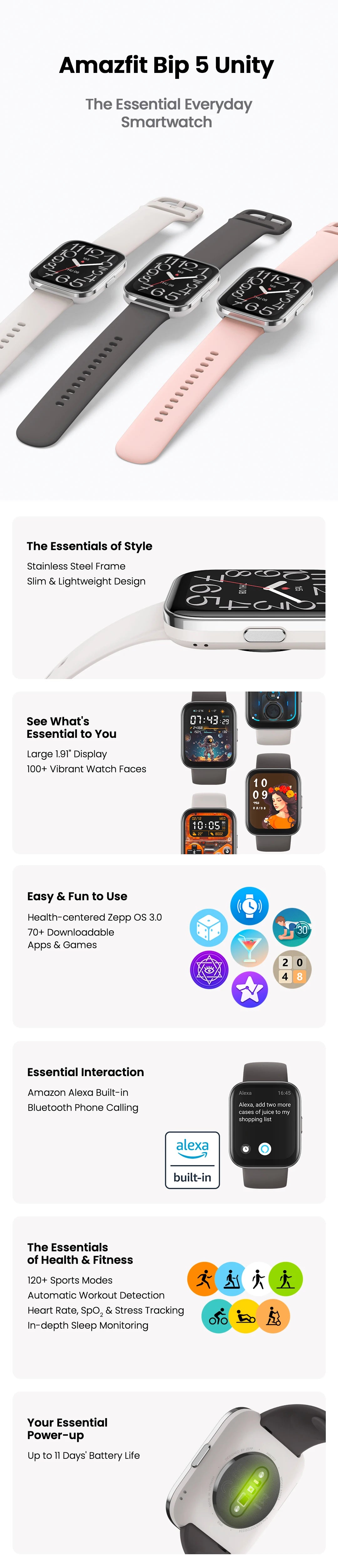 New Amazfit  Bip 5 Unity 46mm Smart Watch 120+ Sport Modes 24-hour Health Monitoring Smartwatch For Android IOS Phone