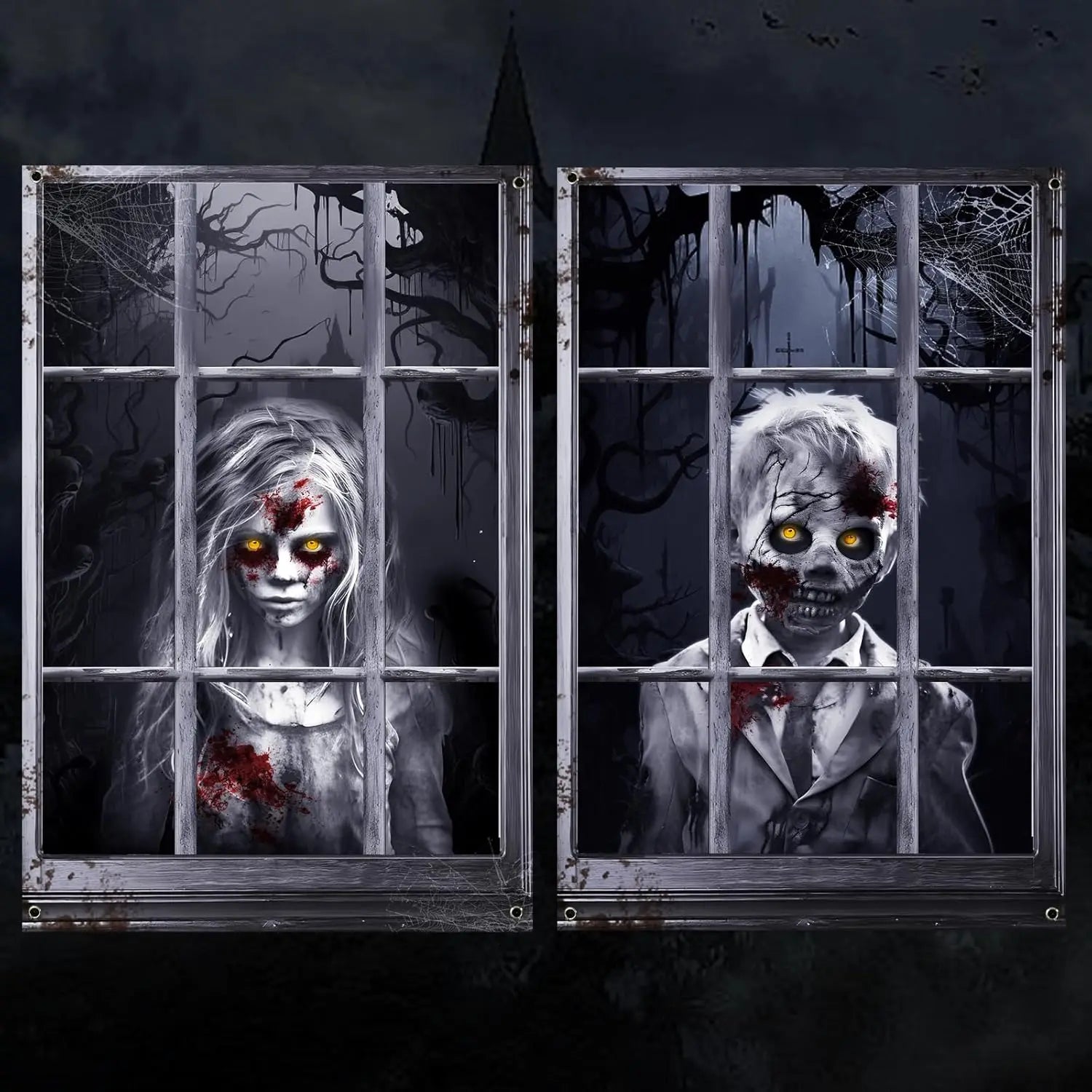 Halloween Ghost Curtains Decorations, 2 Pack, Window Silhouettes, Horror Little Girl and Boy Window Cover Indoor Decor（Kids