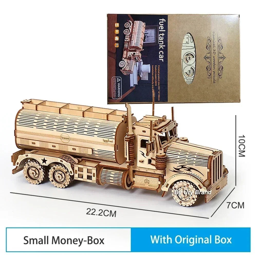 DIY 3D Wooden Puzzles Money Box Piggy Bank Fuel Truck Model Building Block Kits Assembly Jigsaw Toy Gift for Children Adult