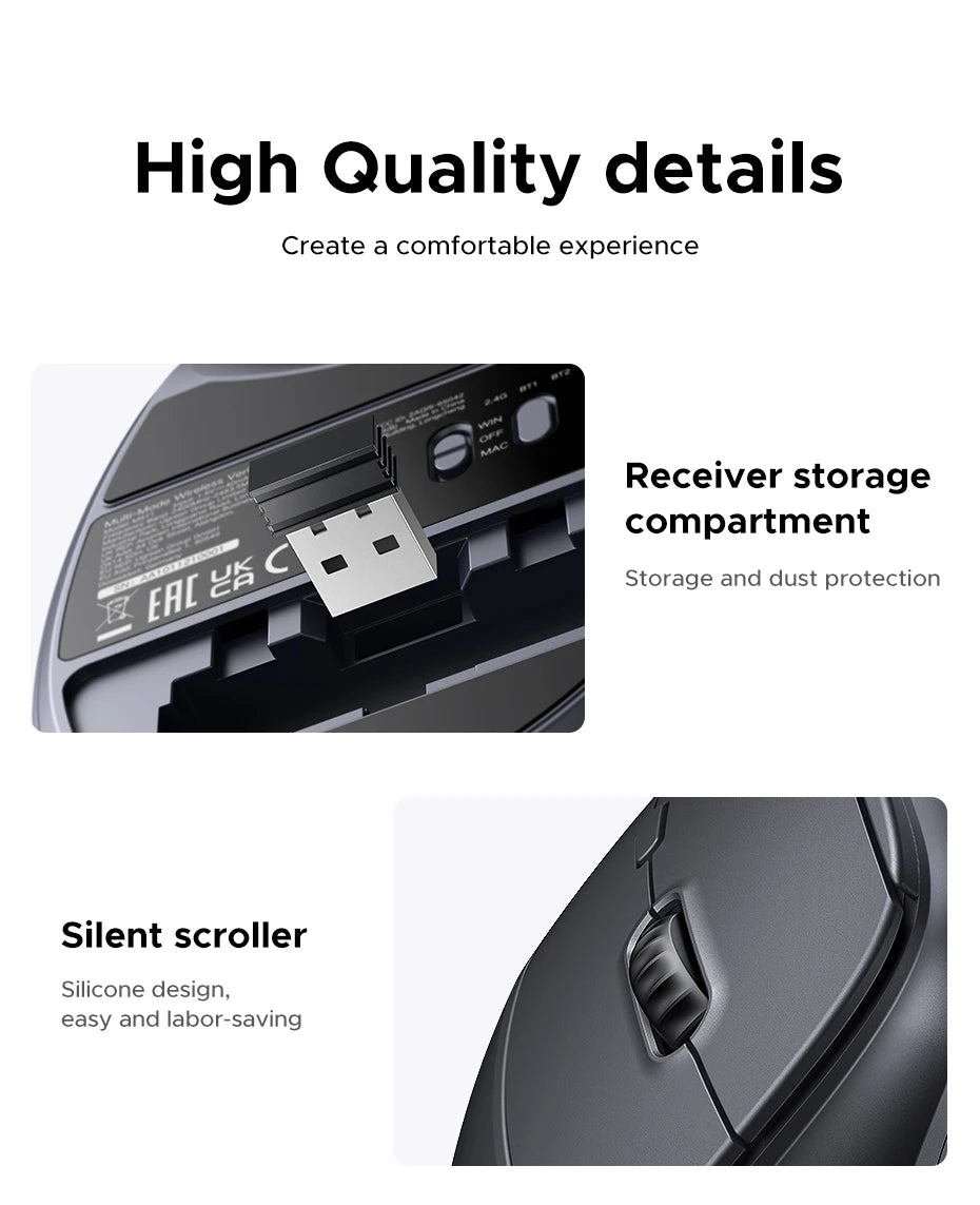 UGREEN Vertical Wireless Mouse 2.4G Ergonomic 4000DPI 6 Mute Buttons for MacBook Tablet Laptops Computer PC Mice Black Pink