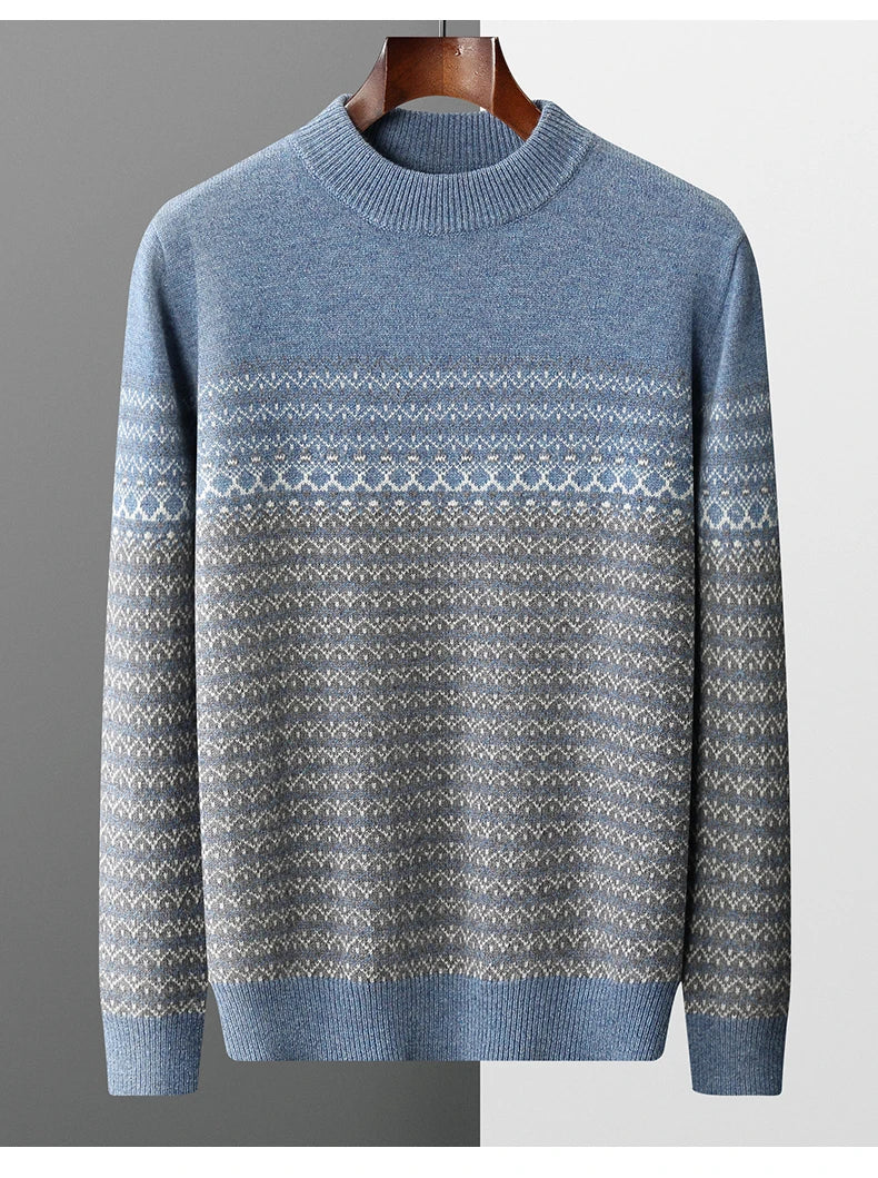 Men's Sweater Pullover Long Sleeve 100 Pure Woolen Sweater Autumn/Winter New Half High Collar Jacquard Knit Thickened Casual Top