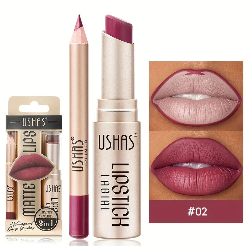 USHAS 12 Color Matte Lipstick Set Long-lasting Waterproof Lipstick + Lip Liner Set Easy Coloring Non-Stick Cup Lip Makeup Suit