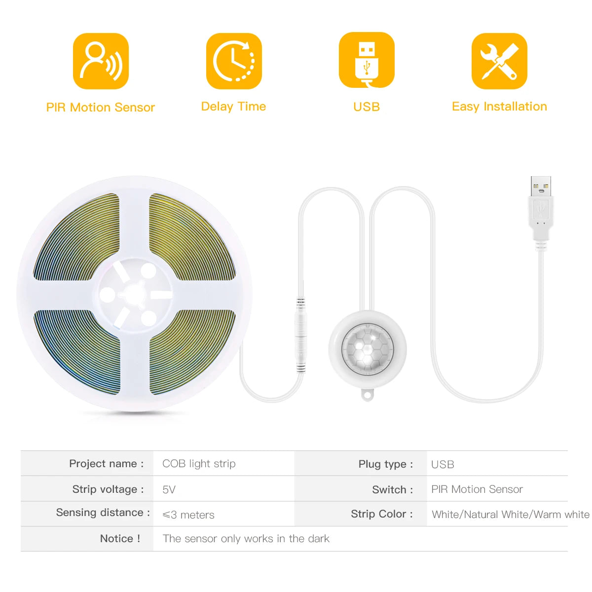 Super Bright COB LED Strip Light Smart PIR Motion Sensor 220V/110V to DC 12V Flexible Lamp Tape for Kitchen Wardrobe Room Decor