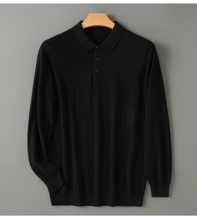 Spring Autumn Collar Long Sleeve Men's Wool Sweater Solid Color Collar Polo Sweater High end Thin Hooded Business Casual Sweater
