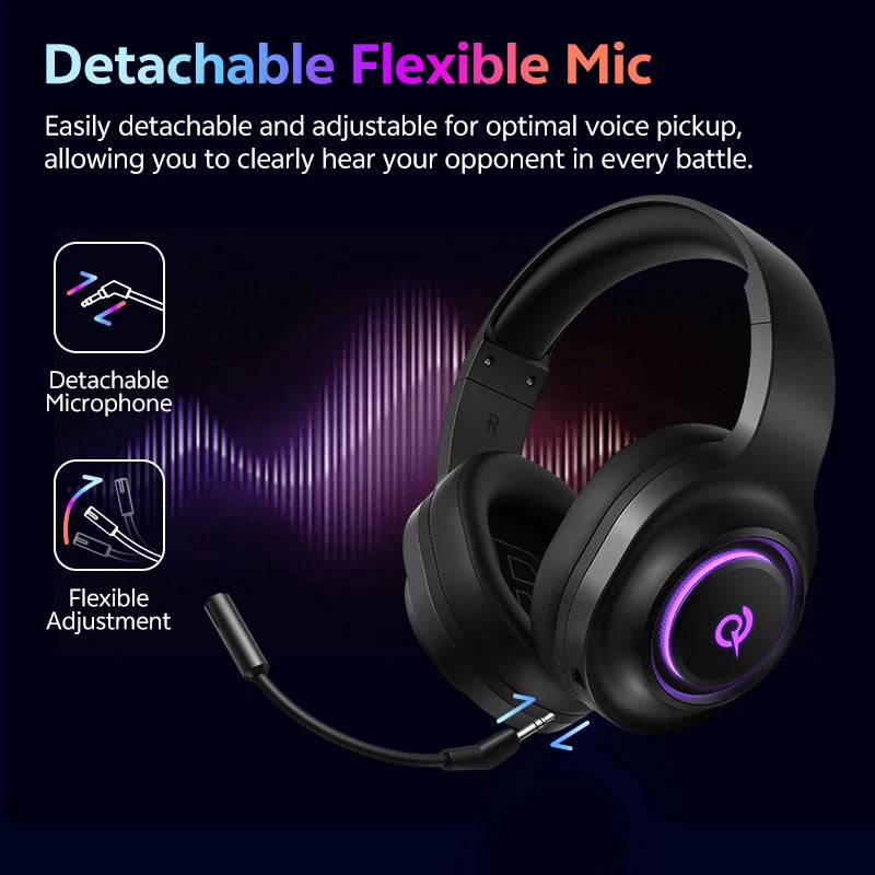 QCY Heroad V200 Gaming Over Ear Headphone Wireless Bluetooth 6.0 with Mic 50mm Driver 7.1 Surround Sound Dynamic EQ RGB Headset