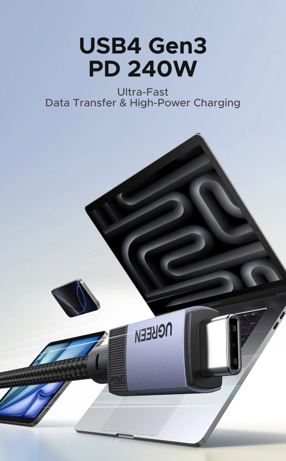 UGREEN USB4 Gen3 240W & USB3.1 Gen2 Fast Charging Cable 1m, Aluminum Shell Braided Nylon, PD3.1 for MacBook Pro iPad