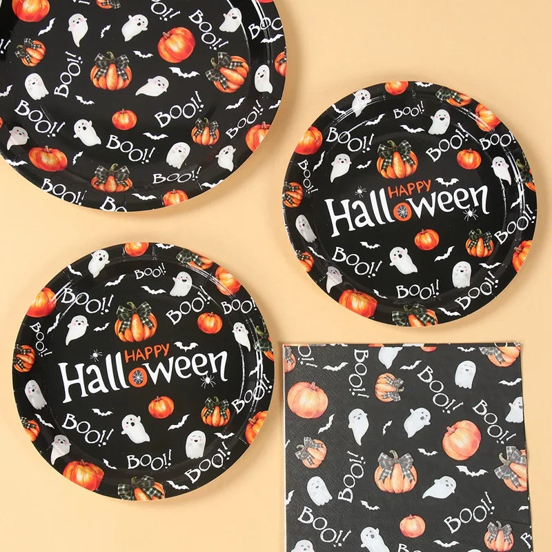 Halloween Disposable Tableware Pumpkin Ghost Boo Paper Plates Cups Napkins Kids Favor Happy Halloween Decoration Trick or Treat