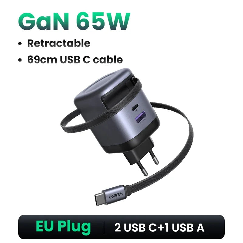 UGREEN 65W GaN Charger With Retractable USB C Cable For iPhone 17 16 Pro Samsung Xiaomi Laptop Macbook Tablet PD Fast Charger