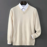 V-Neck Men's 100% Pure Wool Pullover Knitted Sweater, Business Casual Solid Color Simple Long Sleeved Fashionable Loose Warm Top