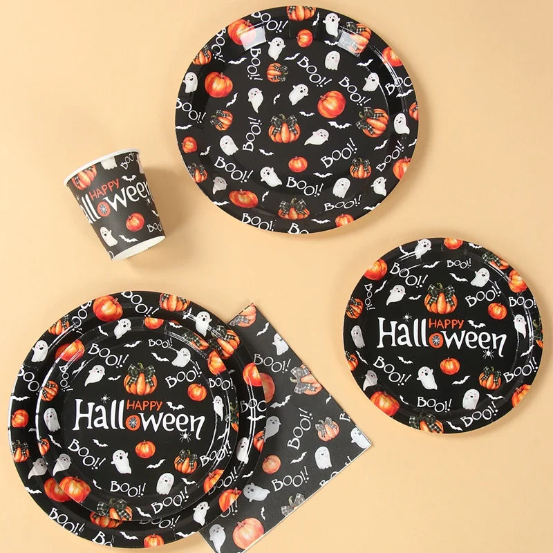 Halloween Disposable Tableware Pumpkin Ghost Boo Paper Plates Cups Napkins Kids Favor Happy Halloween Decoration Trick or Treat