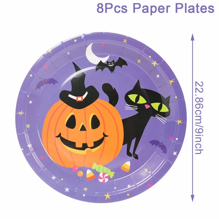 Halloween Pumpkin Black Cat Disposable Tableware Set Halloween Party Decor Kids Favors Trick or Treat  Paper Plates Cup Napkins
