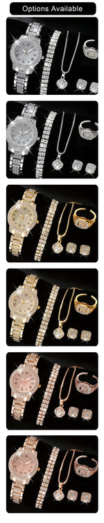 6PCS Women Watch Luxury Elegant Alloy Watch Crystal Wristwatch For Ladies Gift Quartz Watch Alloy Rhinestone Bracelet Montre