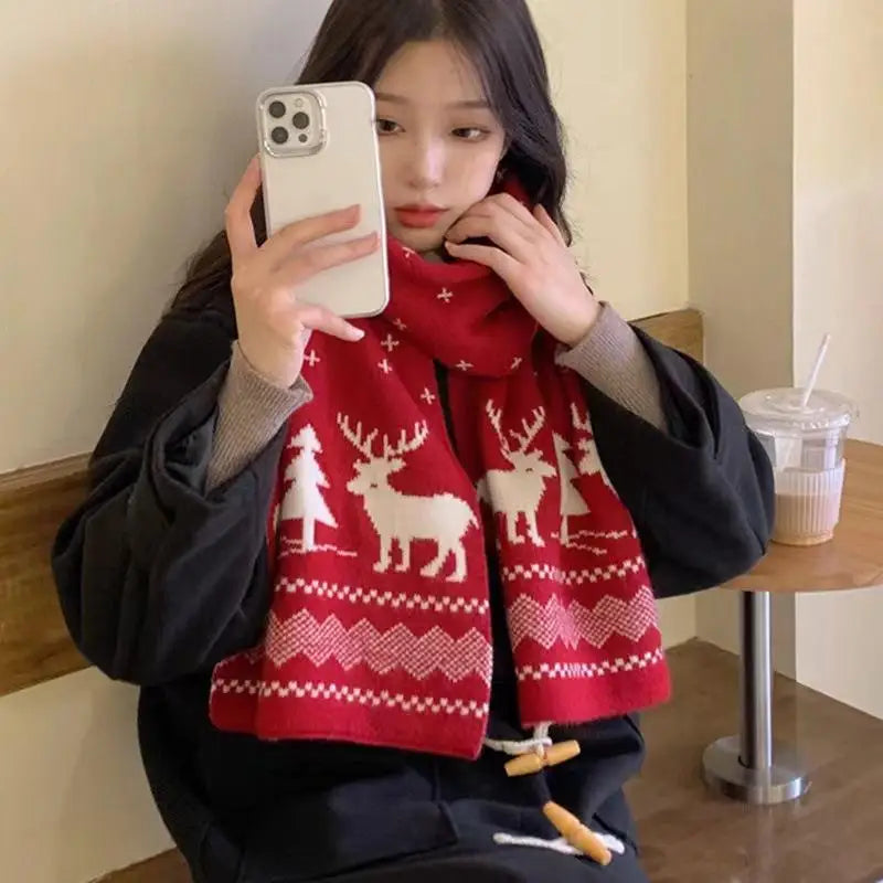 Christmas Atmosphere Santa Claus Knitted Red Scarf For Women New Style Warm Neck Protection Knitted Scarf Versatile Shawl
