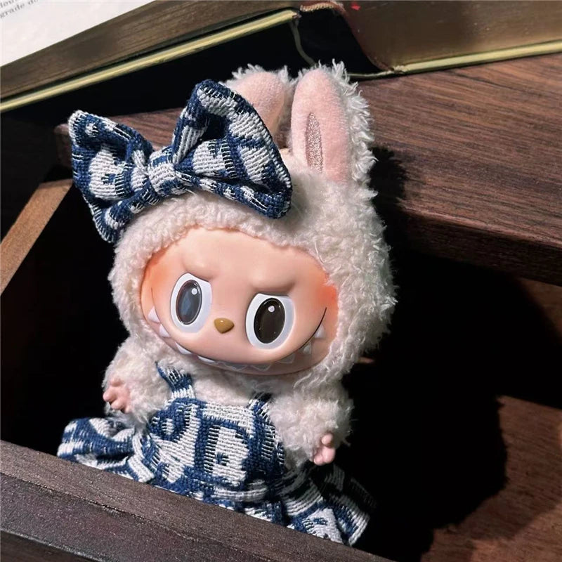 17cm For Labubu Doll Clothing Skirt Bowhair Accessory Set Retro Bib Pants Clothes Luxury Messenger Bag Shoes Set Sitting Party