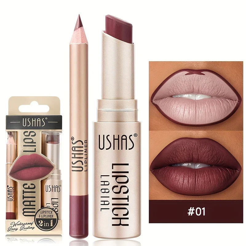 USHAS 12 Color Matte Lipstick Set Long-lasting Waterproof Lipstick + Lip Liner Set Easy Coloring Non-Stick Cup Lip Makeup Suit