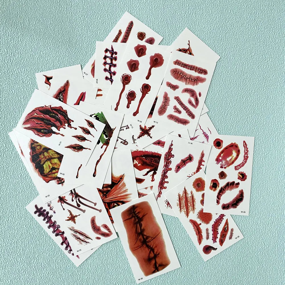 30pcs Waterproof Halloween Tattoo Stickers Bleeding Wound Scar Temporary Tattoos for Women Men Fake Tattoo For Halloween Party