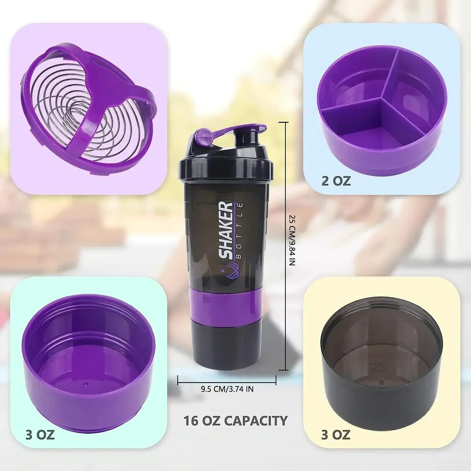 500ml Layered Protein Bottle Powder Shaker with Powder Storage Container Large Water Bottle Water Bottle with Wire Stirring Ball