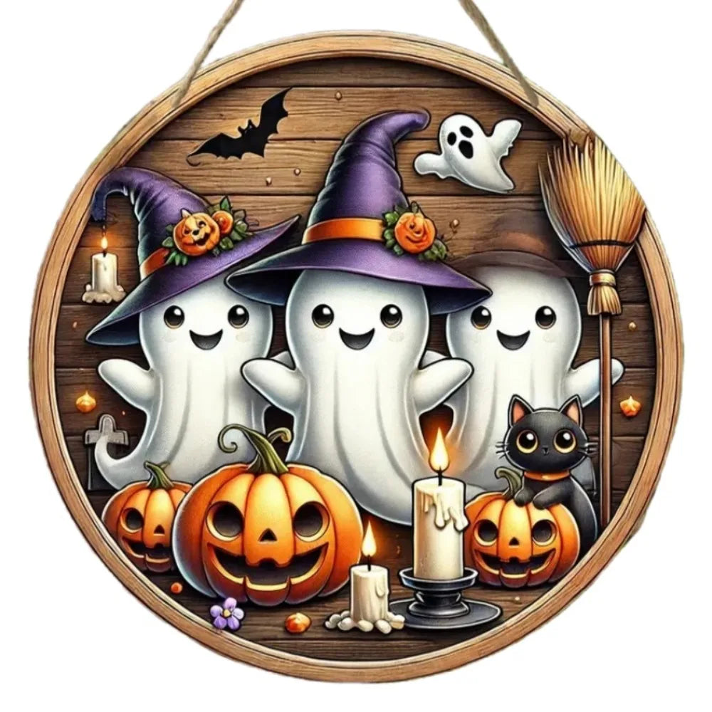 Halloween Witch Hat Circular Wooden Sign - Cute Ghost, Pumpkin, Bat Design, Suitable for Home Kitchen, Garden Porch Decoration