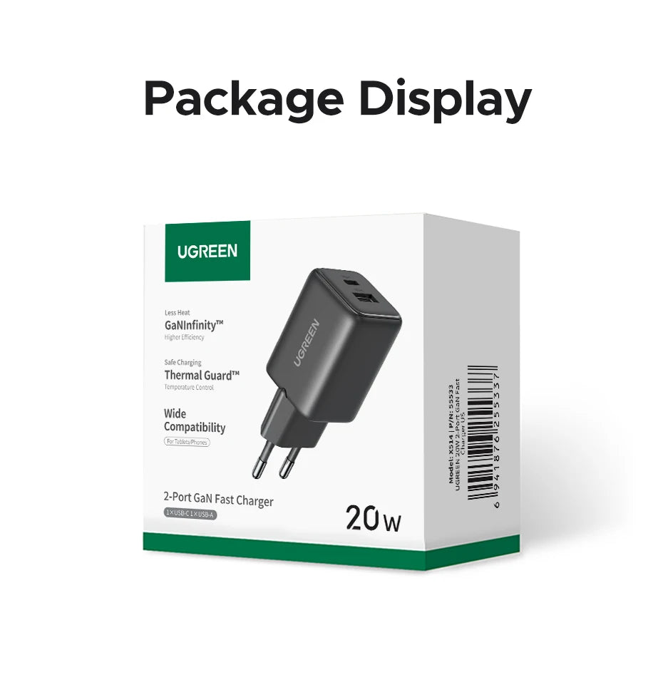 UGREEN 20W GaN Charger PD3.0 QC3.0 Mini USB C Phone Charger For iPhone 17 16 15 Pro Max Samsung S25 Xiaomi Tablet iPad Air Pro
