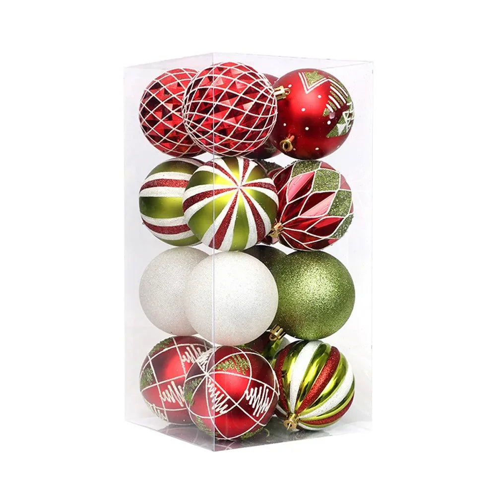 16 Pcs 8cm Painted Christmas Balls Set Cartoon Red Black Gold Electroplated Christmas Hanging Balls DIY Plastic