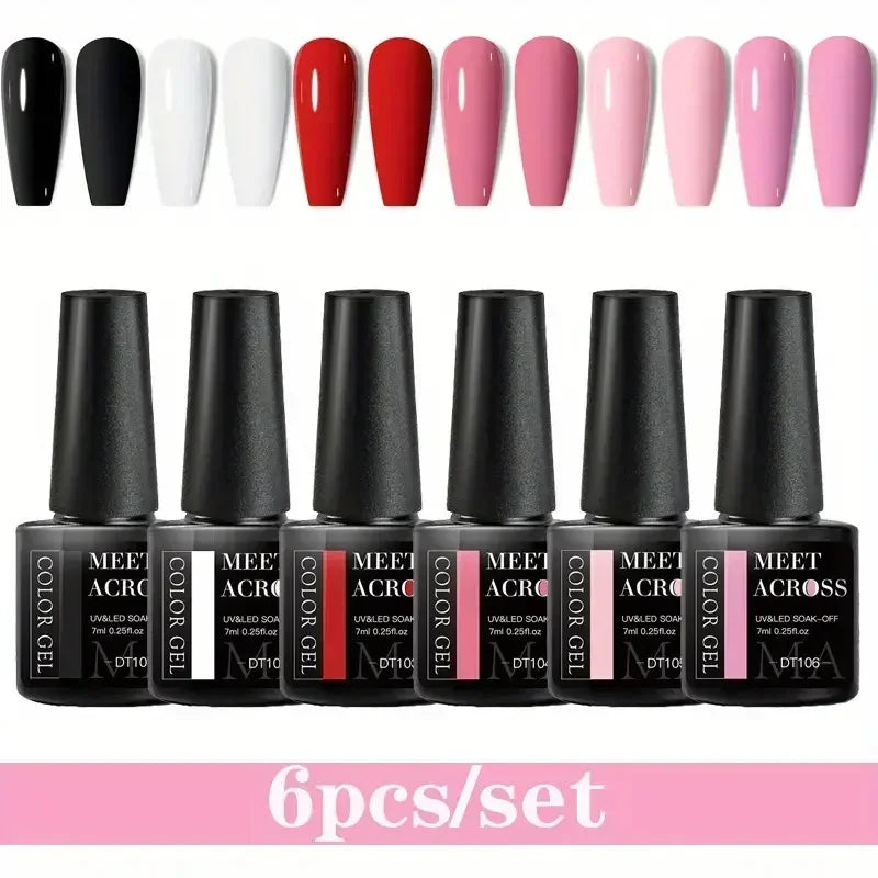 MEET ACROSS 6Pcs Gel Nail Polish Set Pink Red Green Macaron Color Manicure Kit For Nails UV Gel Nail Art Varnish Nail Supplies