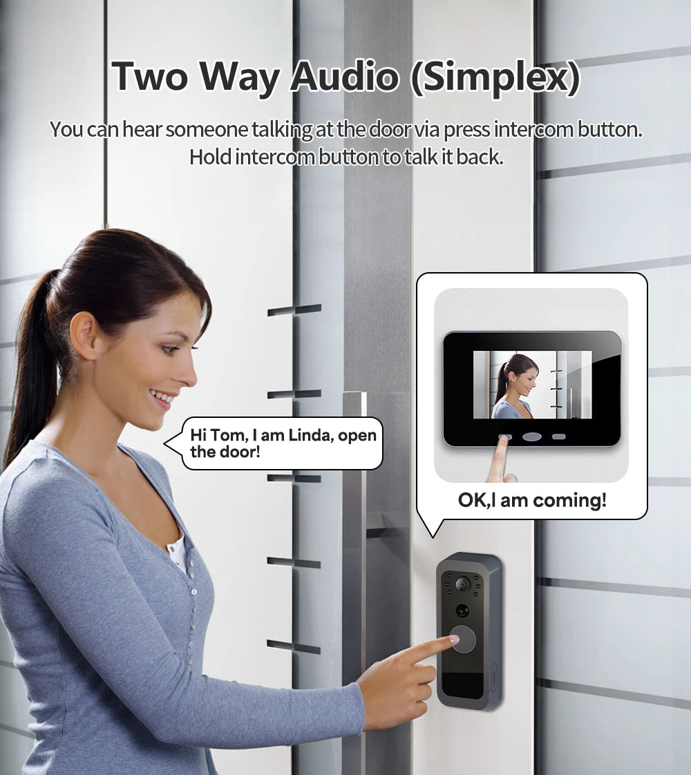 2.4Ghz Wireless Video Doorbell IP65 Outdoor Monitoring Two Way Audio Intercom Door Camera PIR Motion Detection 4' IPS Screen