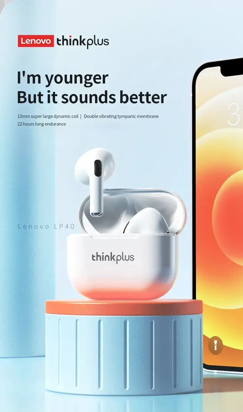 Original Lenovo LP40 Bluetooth 5.0 TWS Wireless Earphones Human Ear Design Headset Simple Operation Easy to Grasp Headphones