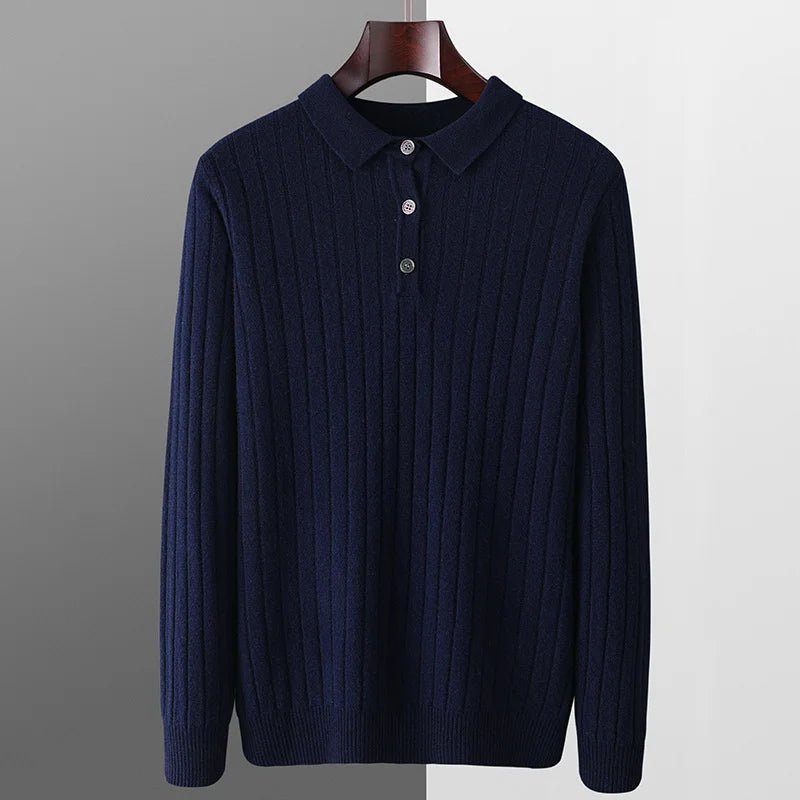 Winter New Men's Pure Wool Sweater Loose POLO Collar Vertical Pattern Thickened Sweater Casual Business High end CashmereSweater