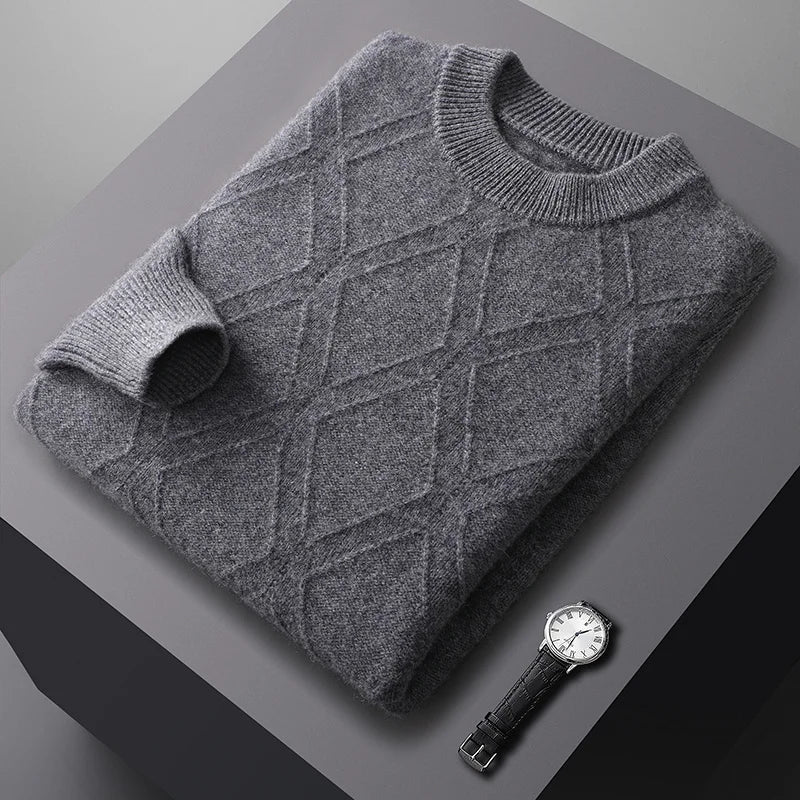 Autumn winter thick wool base sweater men's semi high neck diamond business casual pullover sweater knitted sweater cashmere top