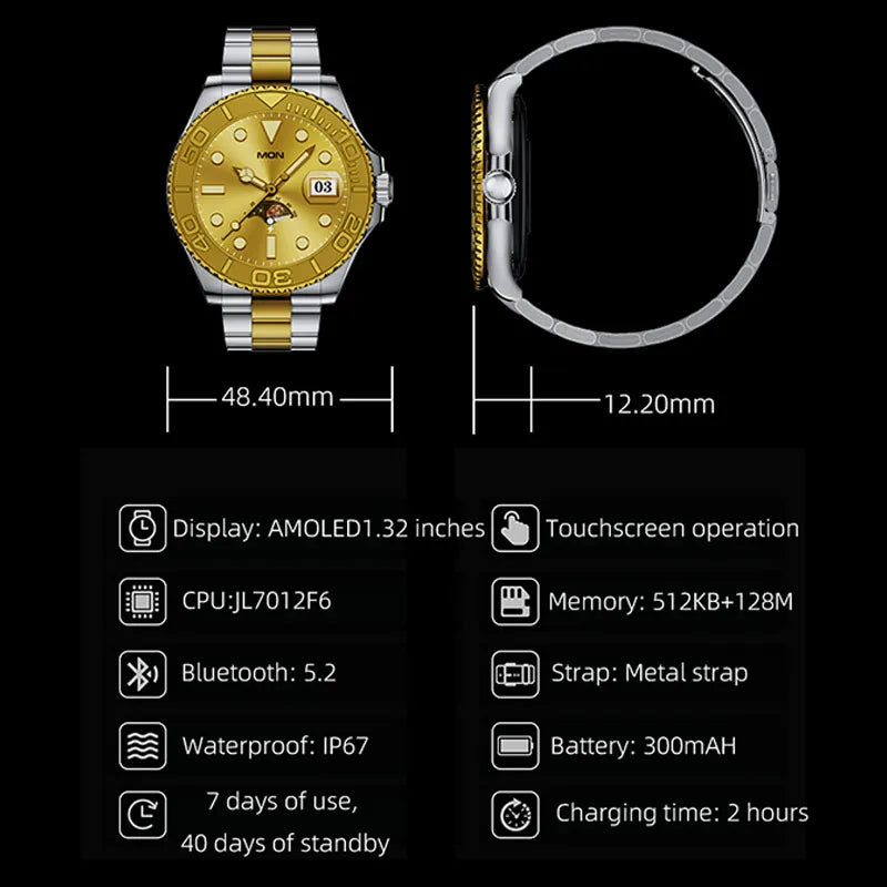 Aiweile AW46 Smartwatch Smart Watch Man 1.32 Inch HD AMOLED Screen Sports Modes Bluetooth Call for Android Yacht Range Master