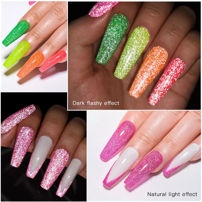 MEET ACROSS 7ml Pink Fluorescent Reflective Gel Nail Polish Glitter Neon Semi Permanent UV LED Gel Nail Art Varnish Manicure