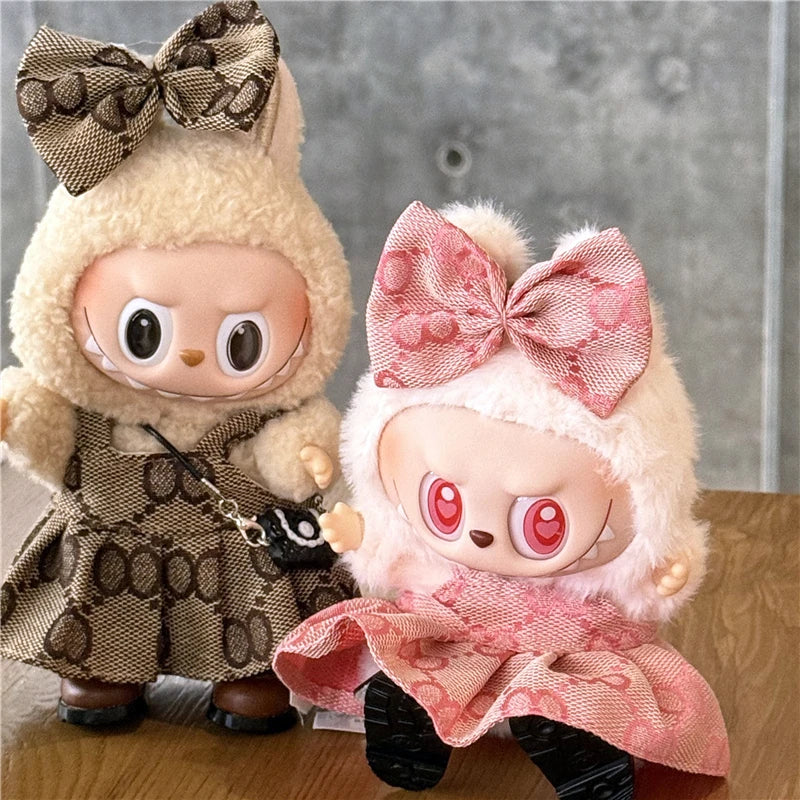 17cm For Labubu Doll Clothing Skirt Bowhair Accessory Set Retro Bib Pants Clothes Luxury Messenger Bag Shoes Set Sitting Party
