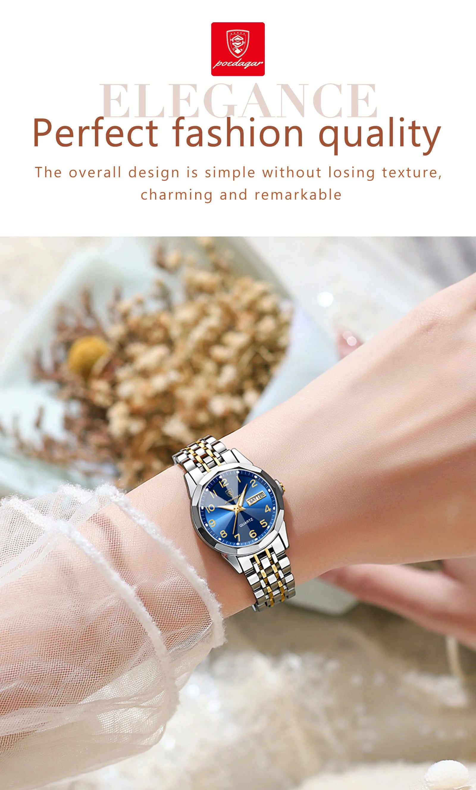 POEDAGAR Fashion Ladies Watch Waterproof Luminous Date Week Watch for Woman High Quality Stainless Steel Women's Quartz Watches