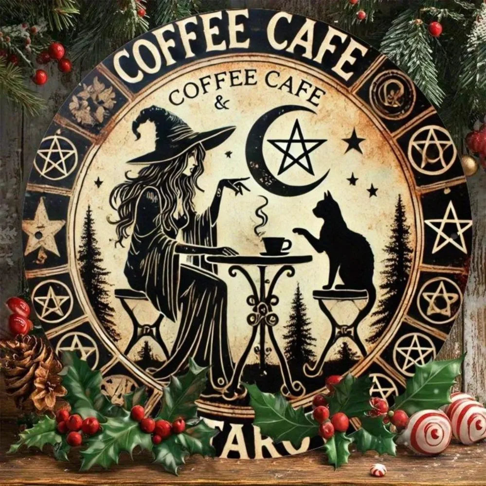 Waterproof Metal Sign - Witchy Coffee Tarot Theme (1 Piece) | Features Mysterious Witch, Cat,Pentagram & Crescent Moon Designs
