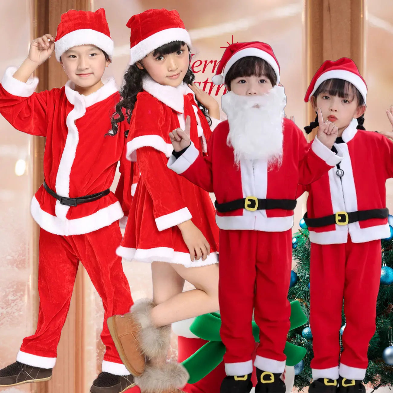 Winter Kids Warm Christmas Party Costume Coat+Pants+Hat+Shoes Covers Boys and Girls Santa Claus Role Play Outfit Xmas Clothing