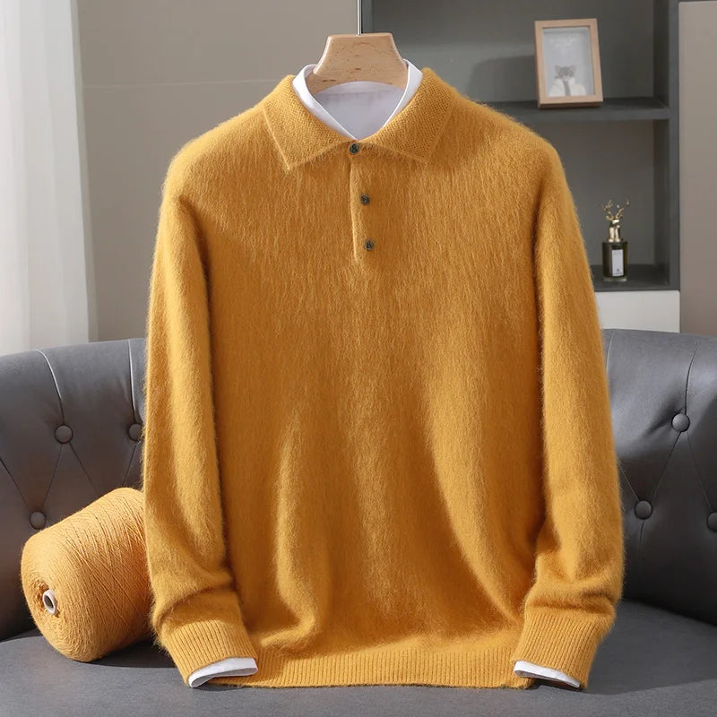 2025 Autumn And Winter New Men's Mink Wool Sweater POLO Collar Pullover Business Thick Warm Loose Oversized Knitted Sweater Tops
