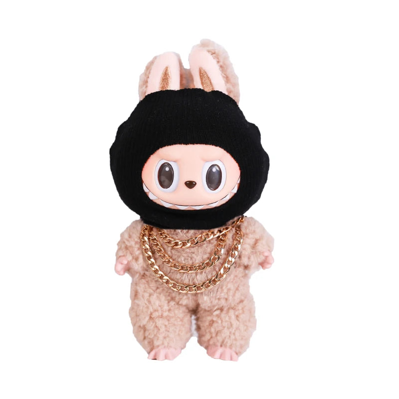 Luxury Tidal Current Labubu Black Hip Hop Mask Knitted Hat Accessories 3-Layer Big Gold Chain Street Fashion Doll Ornaments