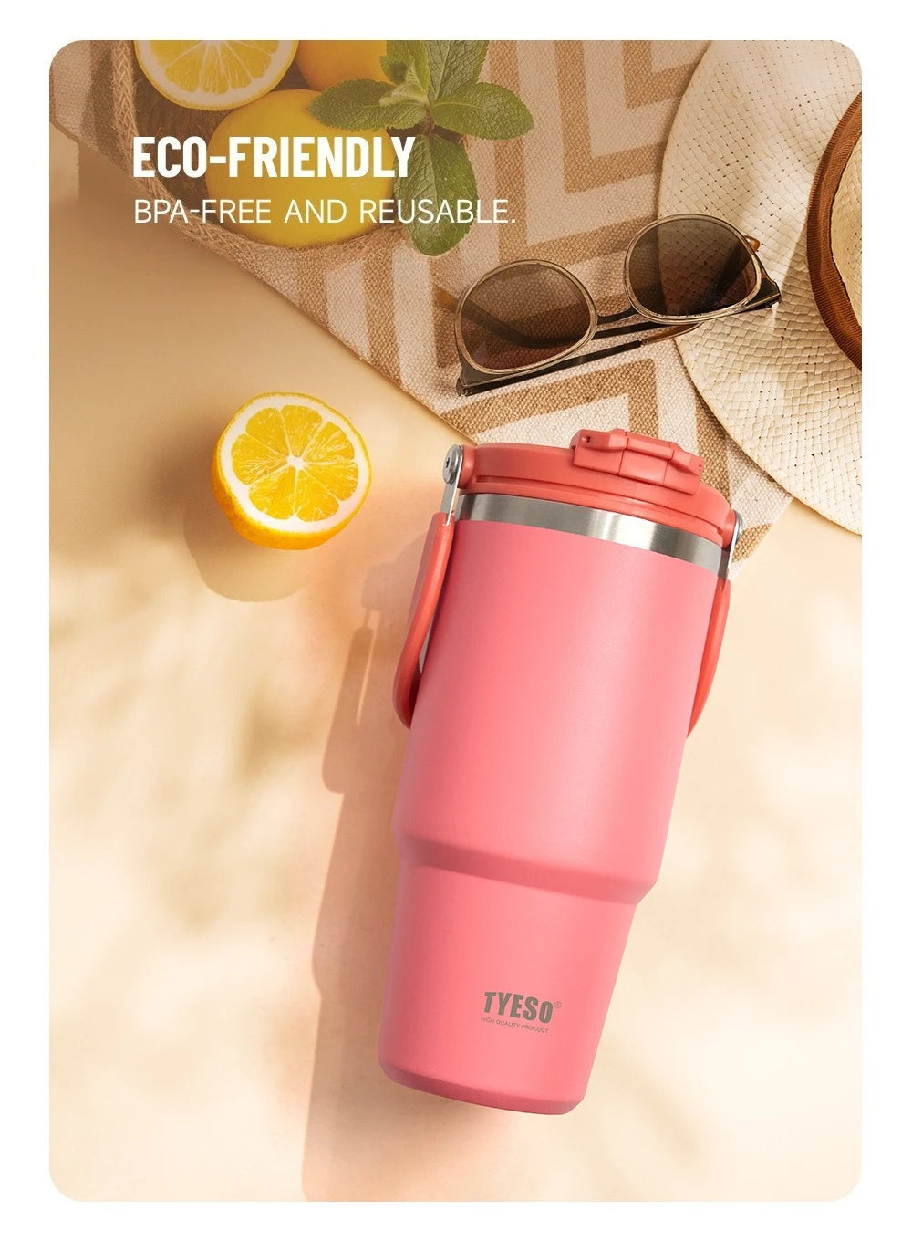 Tyeso Large-Capacity Vacuum Flasks Handle Vacuum Cup Dual-Drink Coffee Mug Stainless Steel Ice Cup Car Bottle Hot Cold Retention