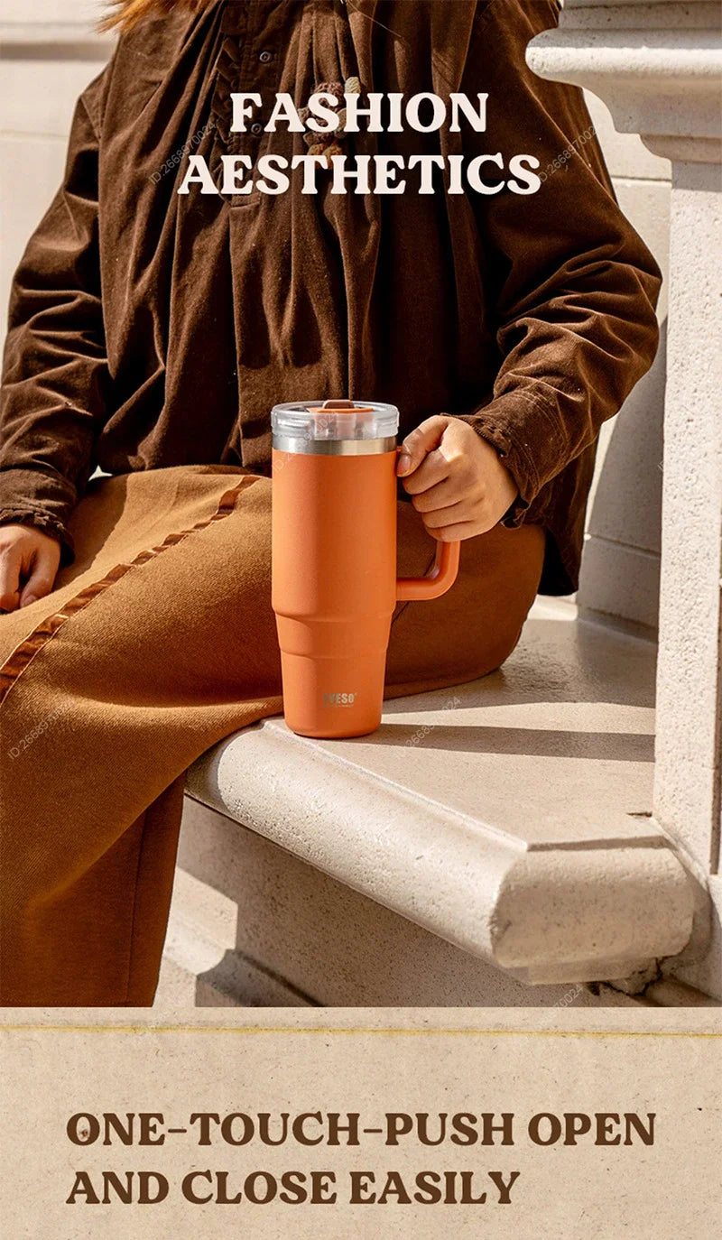 Tyeso 900/1200ML Tumbler Bottle Stainless Steel Car Mug With Handle Straw Thermal Iced Travel Vacuum Insulated Coffee Hot Cup