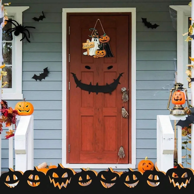 1pcs New Front Door Halloween Welcome Sign Pumpkin Skeleton Wreath Wooden Halloween Party Decoration