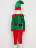 2-12 Yrs Kid Deluxe Christmas Elf Costume 7 Pieces Green Red Elevs Suit Top+Pants+Socks+Hat+Belt+Shoes Covers+Ears Santa Uniform