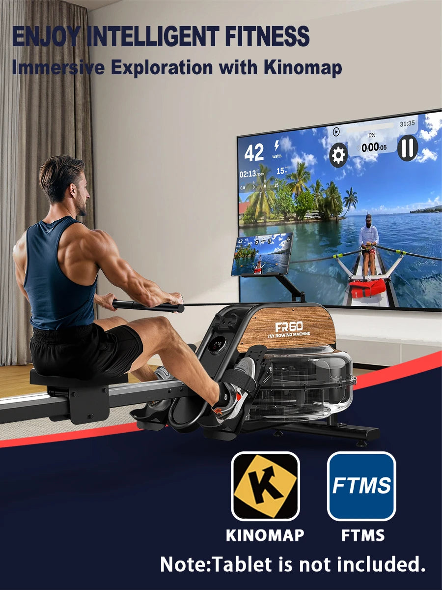 Fysiq Home Rowing Machine, Made of High-Quality Wood, 28L Extra-Large Water Tank, 50% Increased Resistance, Bluetooth Display, Maximum User Height 200cm