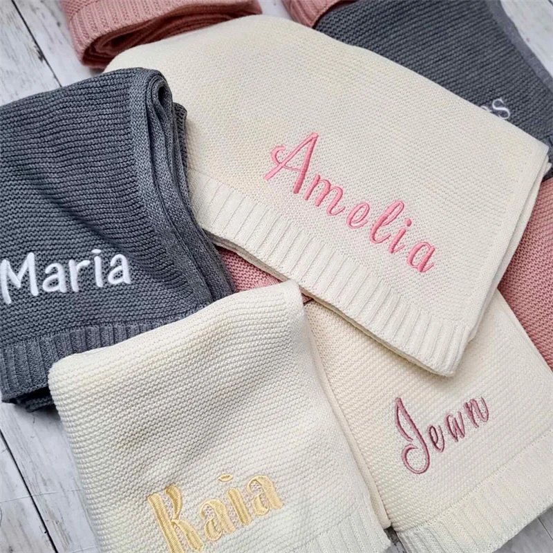 Personalized Kid Name Baby Blanket Embroidered Newborn Stroller Swaddle Breathable Cotton Knitted Bedding