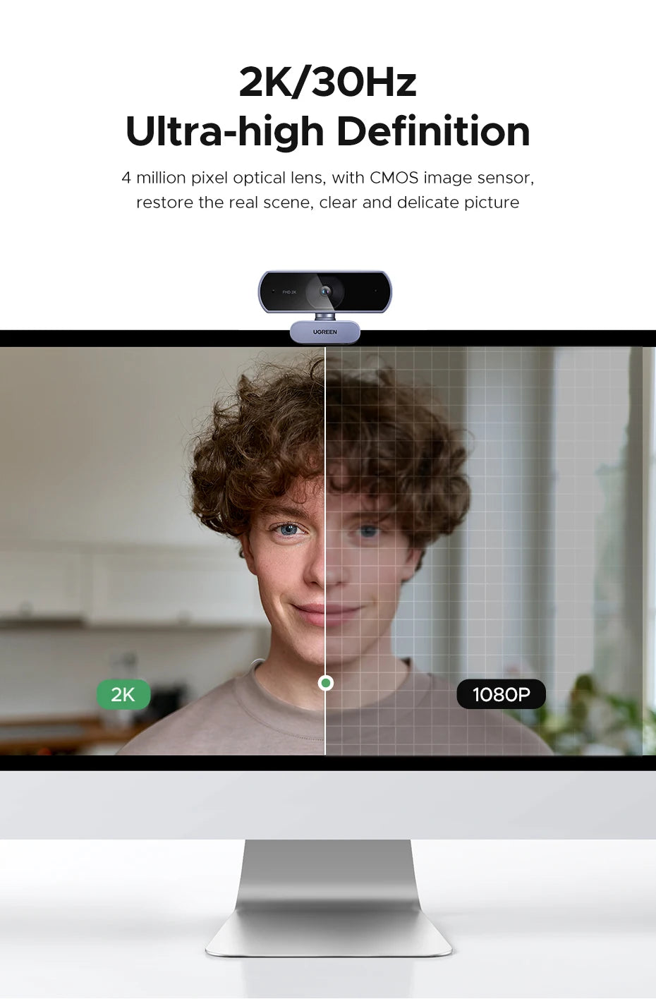 【RU】 UGREEN 2K Web cam with Microphone, Full HD 2K, Auto Light Correction, Video Webcam for Streaming