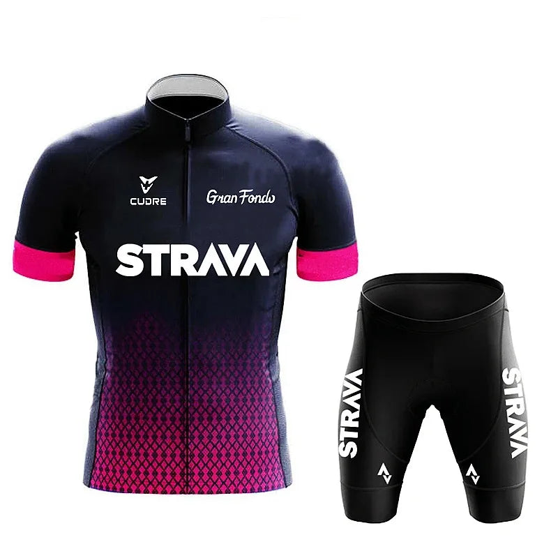 Strava Cycling Jersey Set Mens Bib Shorts Bicycle Short Sleeve Cycling Clothing Bike Maillot Ciclismo Hombre Black Sets For MTB